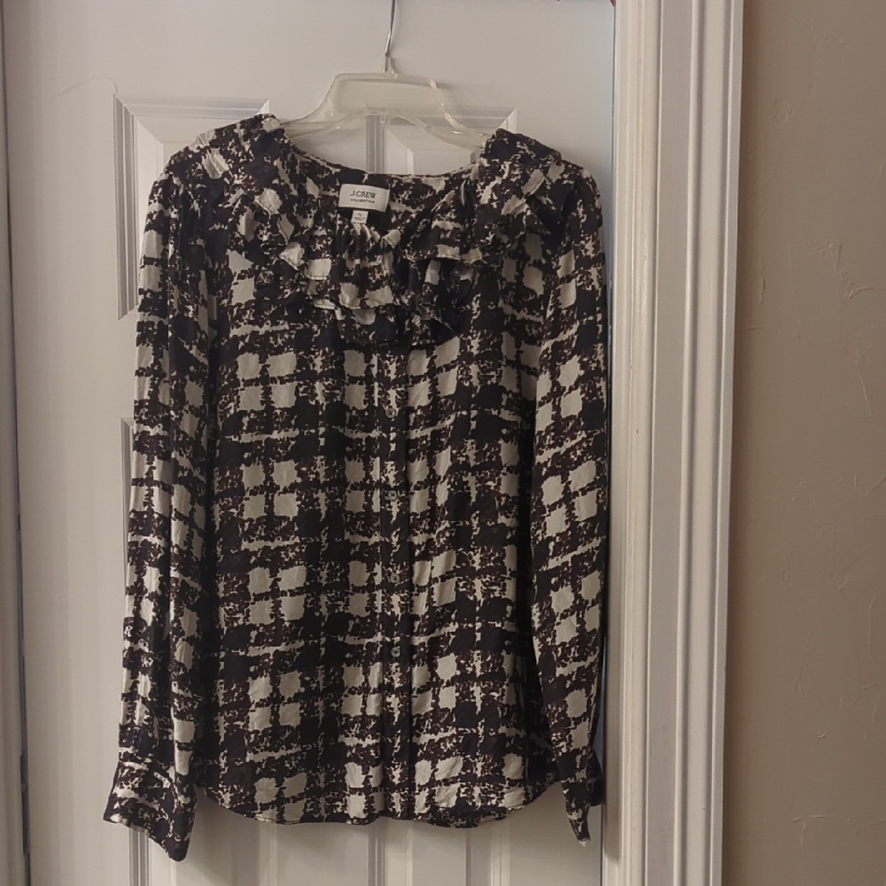 J. Crew Black, Brown and White Ruffle-Neck Long-Sleeve Blouse